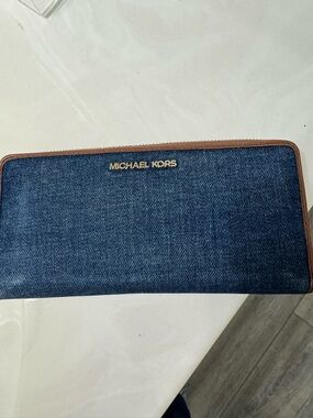 Michael Kors Denim Zip Wallet with Brown Trim